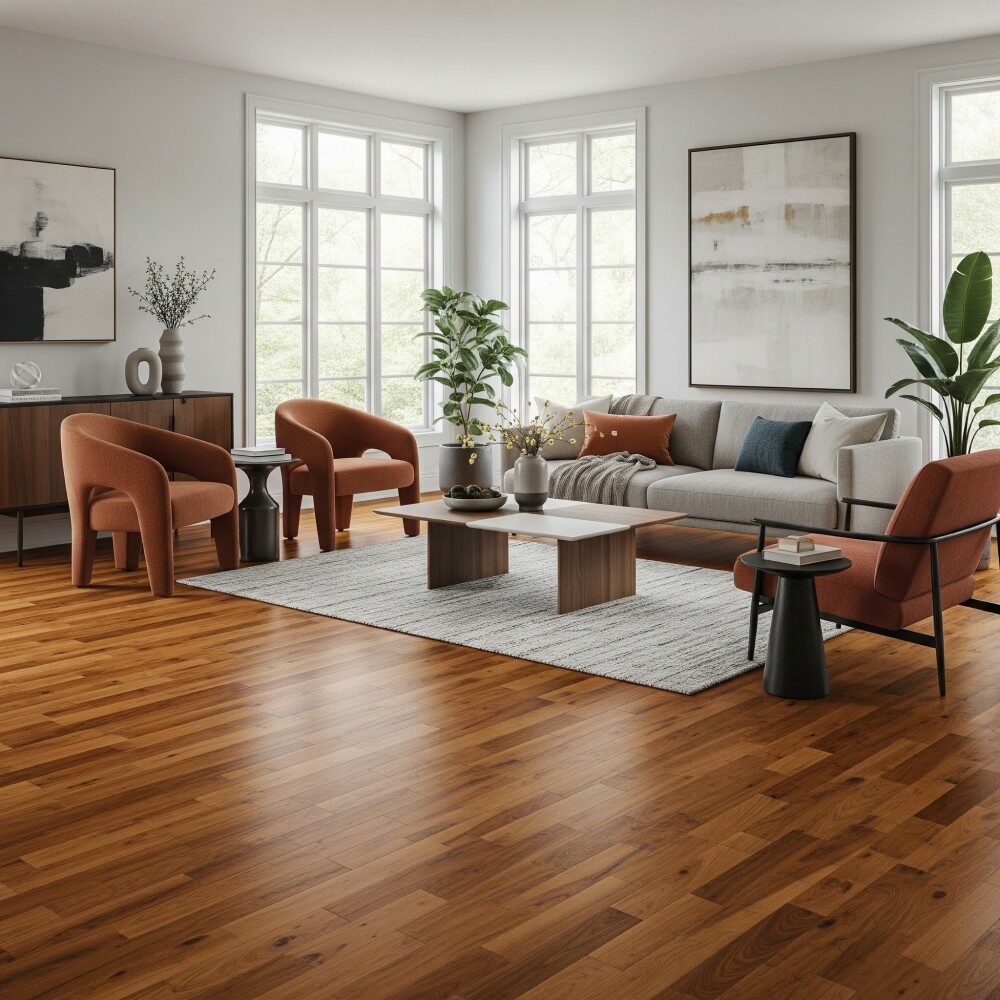 Beautiful hardwood floors in modern living room with white sofa and beige chairs